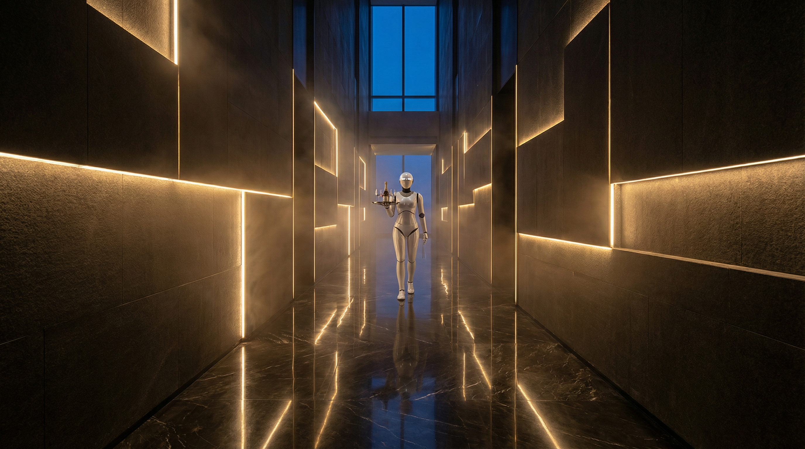 Robot service in hotel corridor